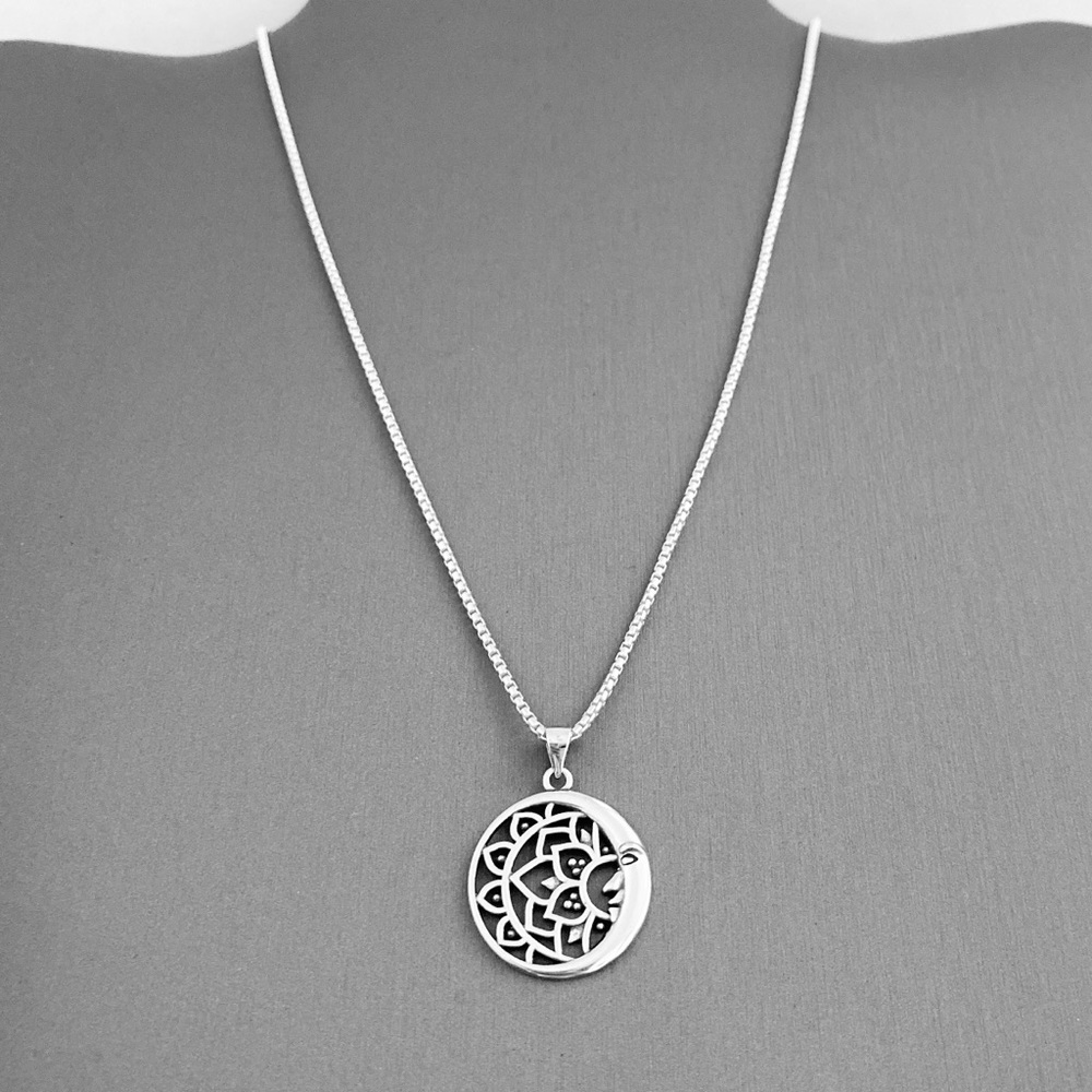 Sterling Silver Mandala And Crescent Moon Necklace View 4